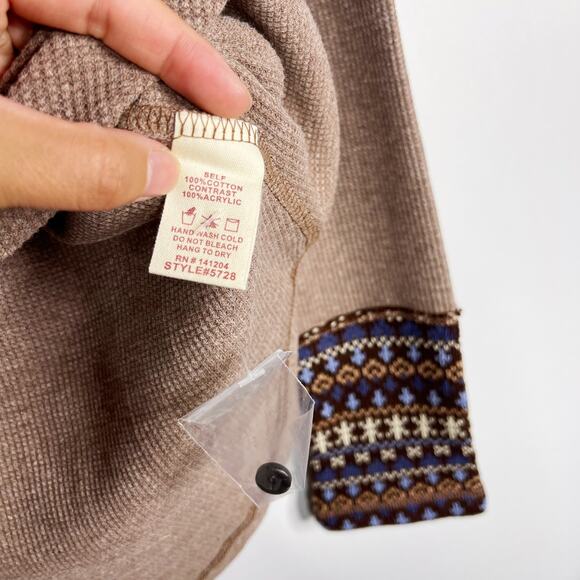 New Hem & Thread Brown Small Thermal Long Sleeve Henley Knit Cuff Cotton Waffle - Picture 7 of 9